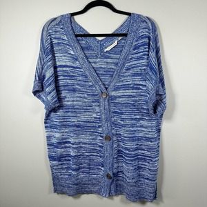 Soft Surroundings Knit Cardigan Open Front Blue White Short Sleeve‎ M